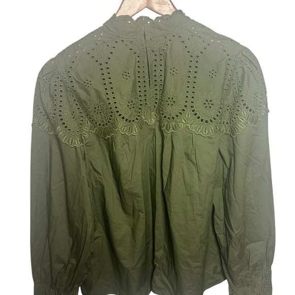 GAP Olive Green Eyelet Blouse Long Sleeve  L - Picture 2 of 7